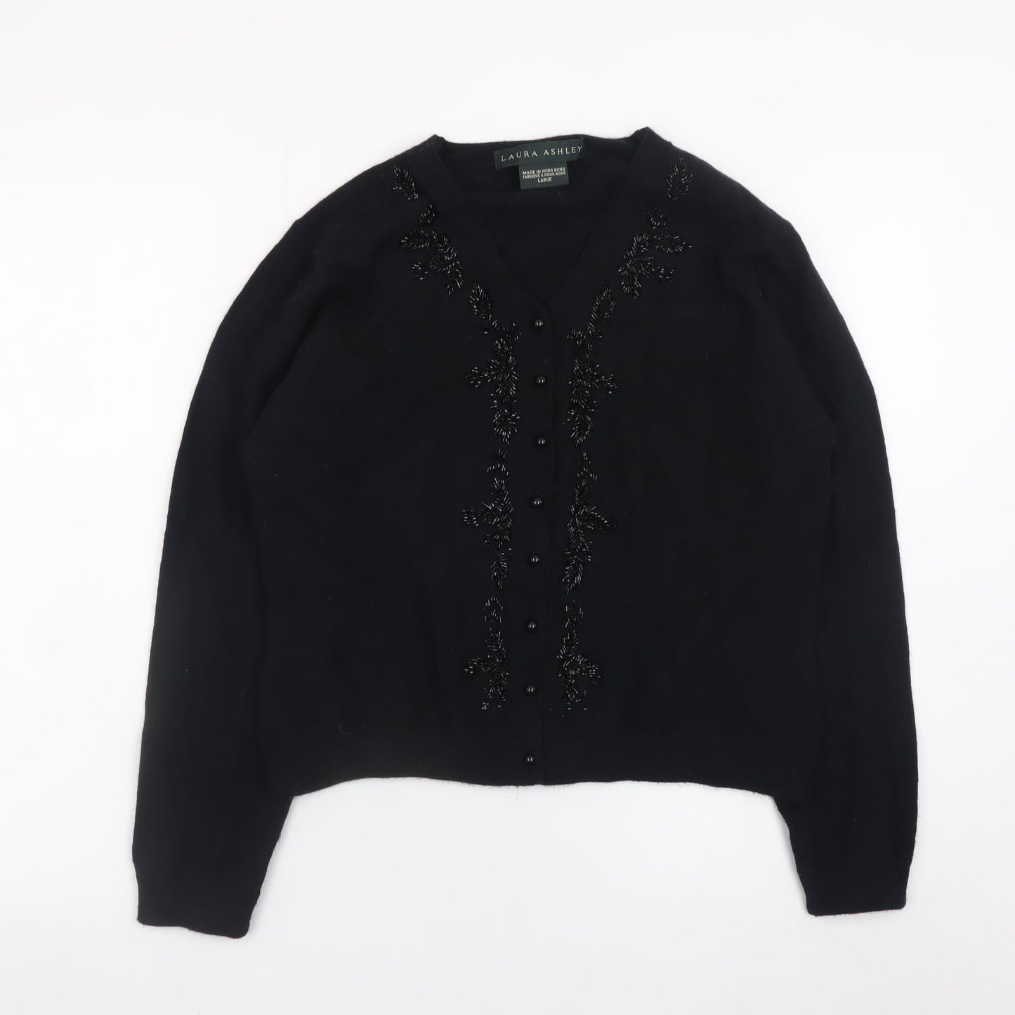 Laura Ashley Women's Black Wool Beaded V-Neck Cardigan Size L