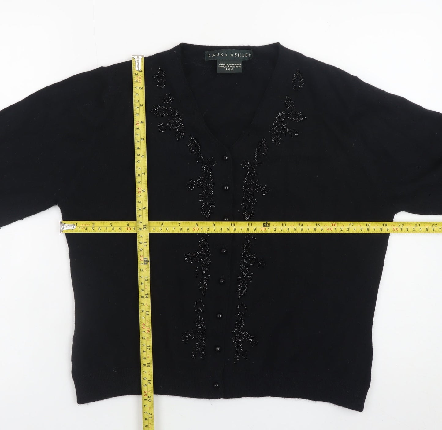 Laura Ashley Women's Black Wool Beaded V-Neck Cardigan Size L