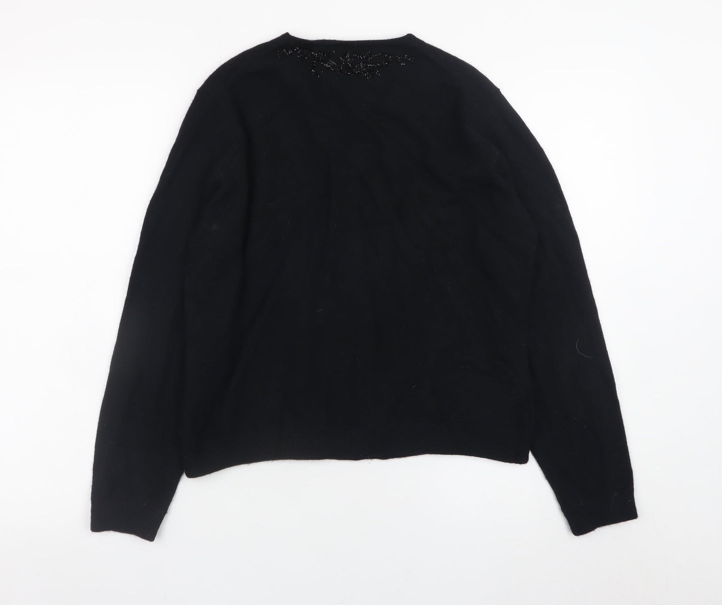Laura Ashley Women's Black Wool Beaded V-Neck Cardigan Size L