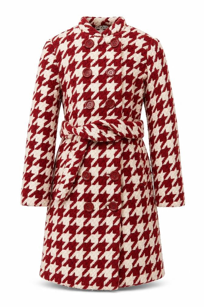 Kookaï Women’s Red Houndstooth Wool Blend Belted Coat Size 8