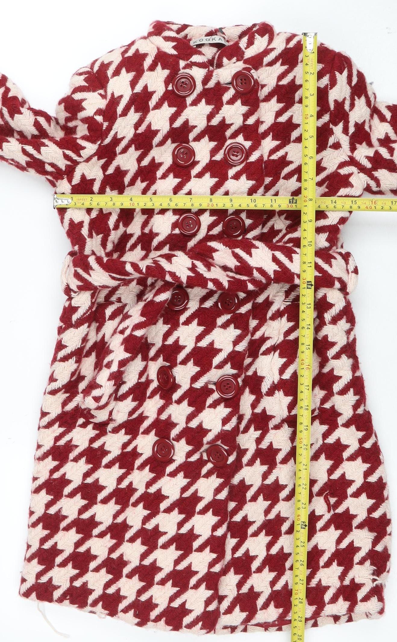 Kookaï Women’s Red Houndstooth Wool Blend Belted Coat Size 8