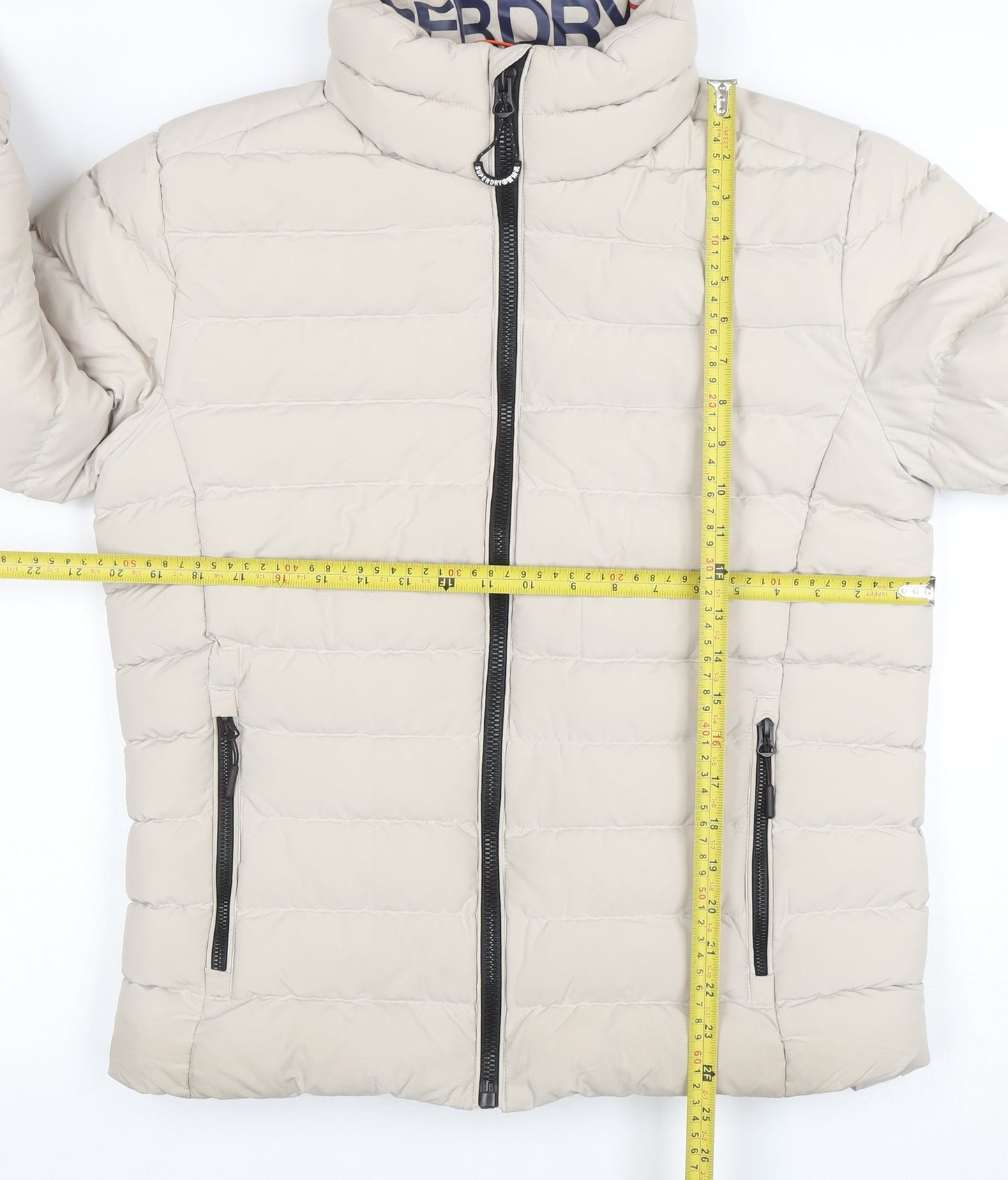 Superdry Women Beige Puffer Jacket M Full Zip Quilted Winter Coat
