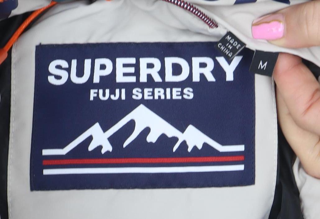 Superdry Women Beige Puffer Jacket M Full Zip Quilted Winter Coat