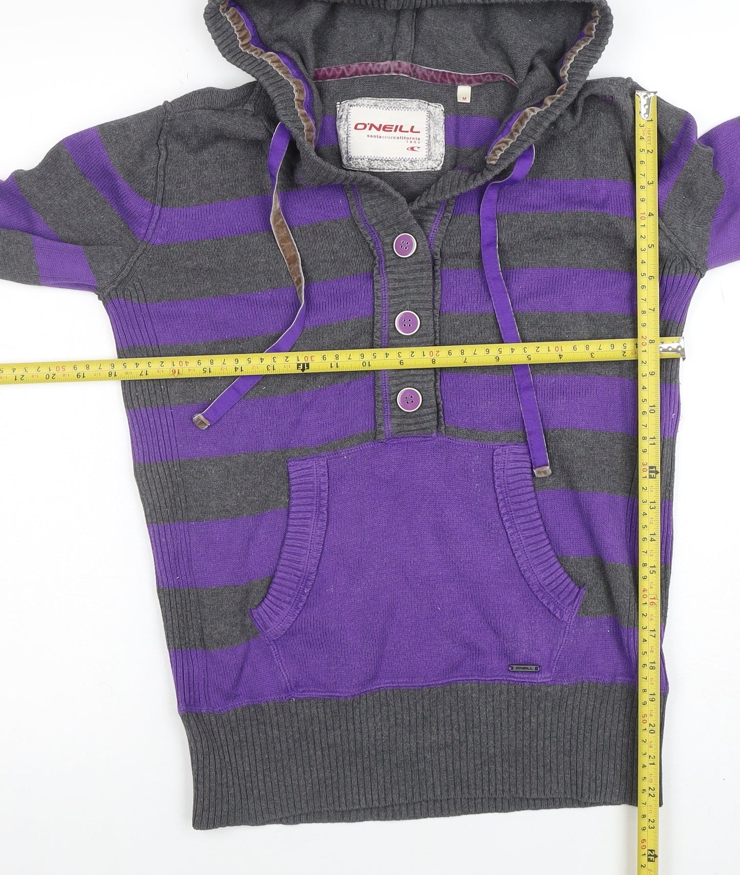O'Neill Womens Grey Purple Striped Henley Hoodie Medium Cotton Blend