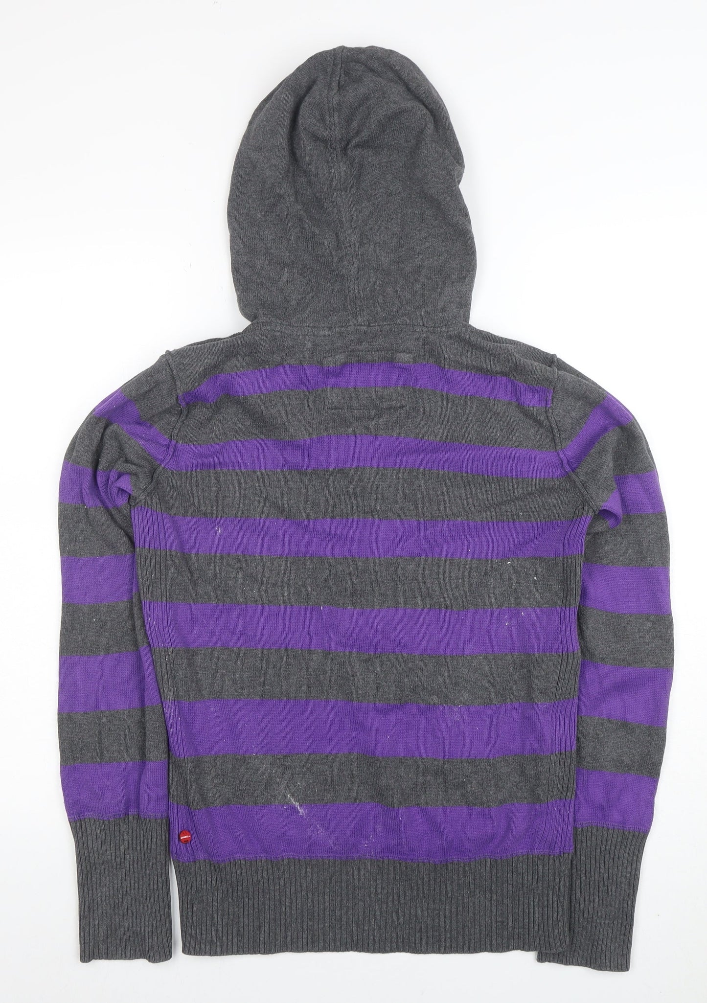 O'Neill Womens Grey Purple Striped Henley Hoodie Medium Cotton Blend