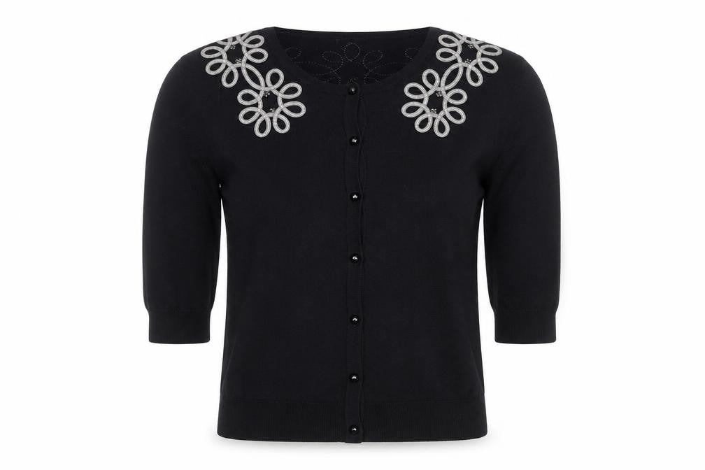 Bonmarché Women's Black Embroidered 3/4 Sleeve Cardigan M
