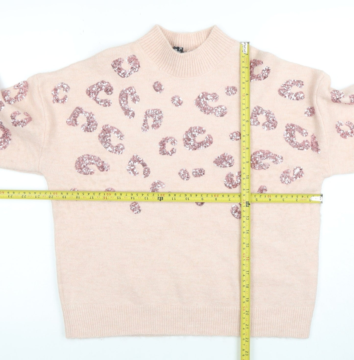 New Look Womens Pink Sequin Leopard Knit Mock Neck Jumper Size S
