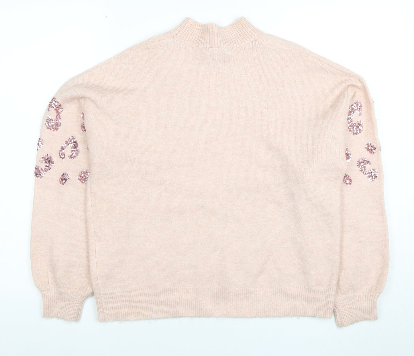 New Look Womens Pink Sequin Leopard Knit Mock Neck Jumper Size S