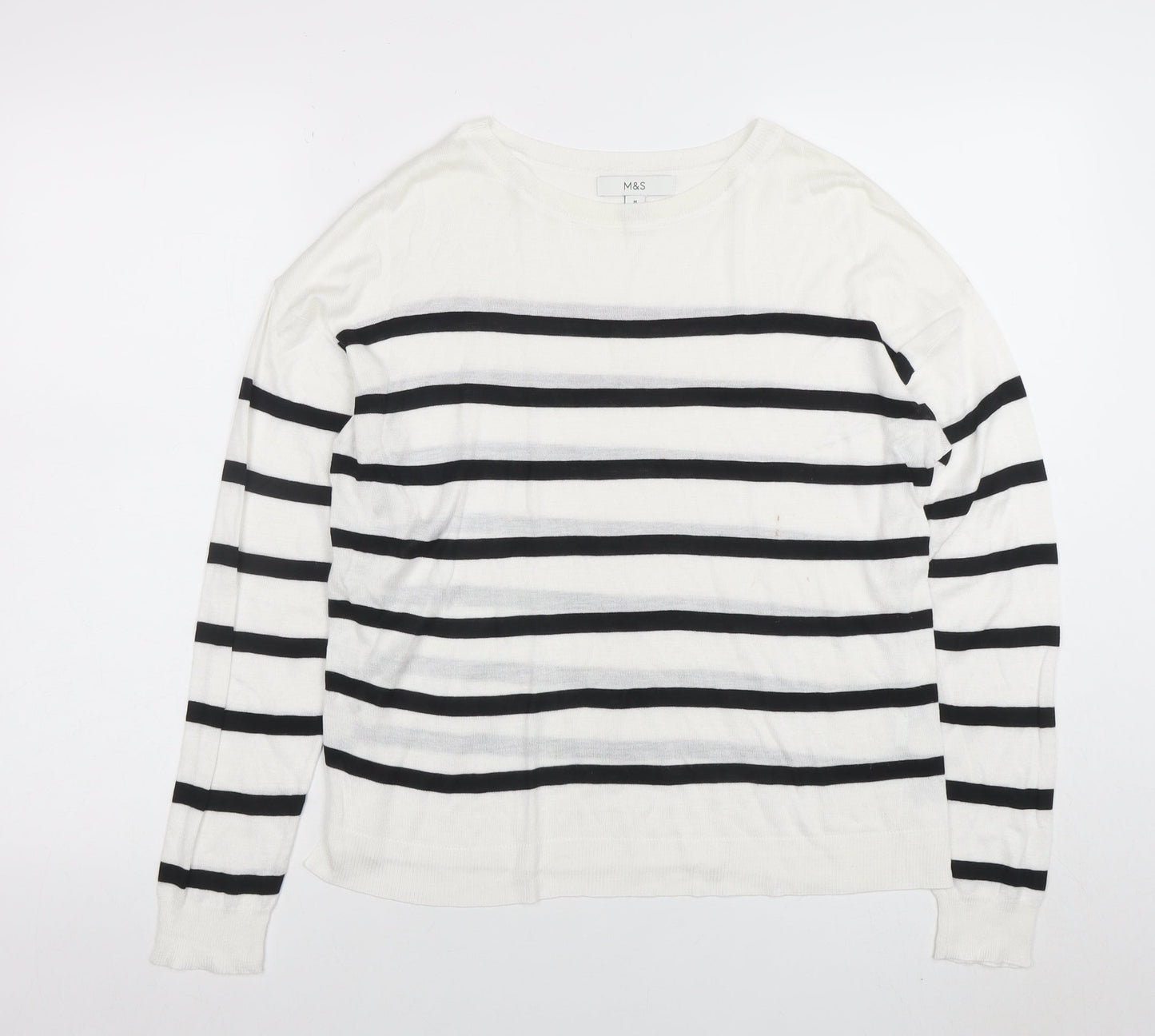 Marks and Spencer Women's White Striped Long Sleeve Cotton T-Shirt M