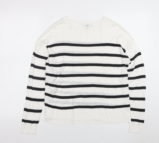 Marks and Spencer Women's White Striped Long Sleeve Cotton T-Shirt M
