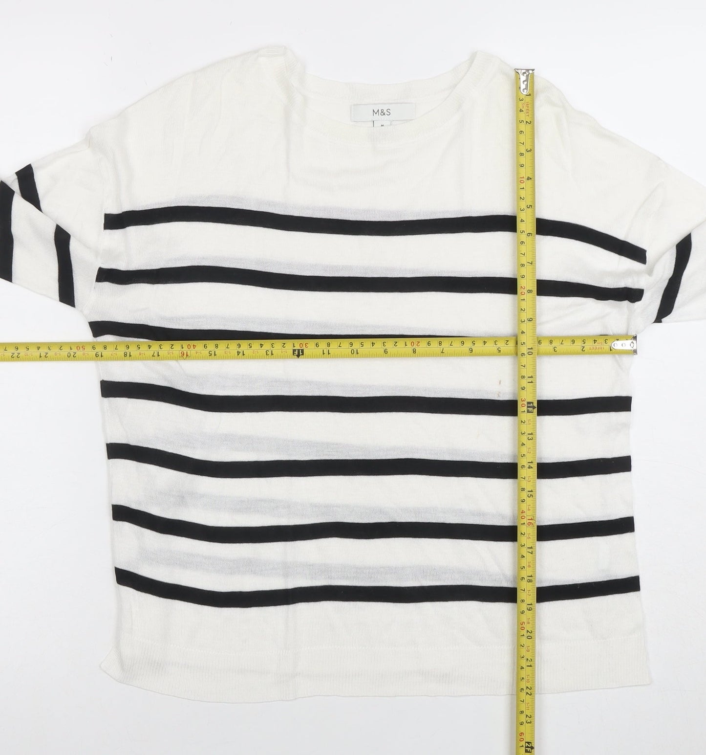 Marks and Spencer Women's White Striped Long Sleeve Cotton T-Shirt M