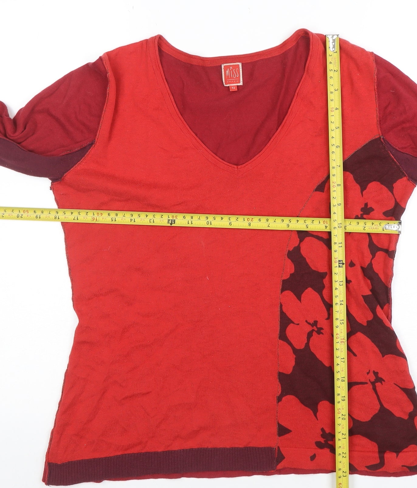 Miss Captain Womens Red Floral V-Neck Cotton Long Sleeve Top Size 12