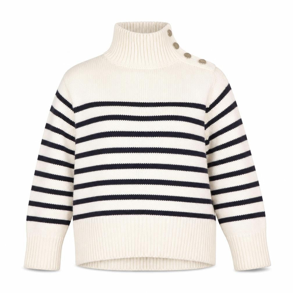 Zara Women Ivory Navy Striped High Neck Wool Knit Jumper Size 10