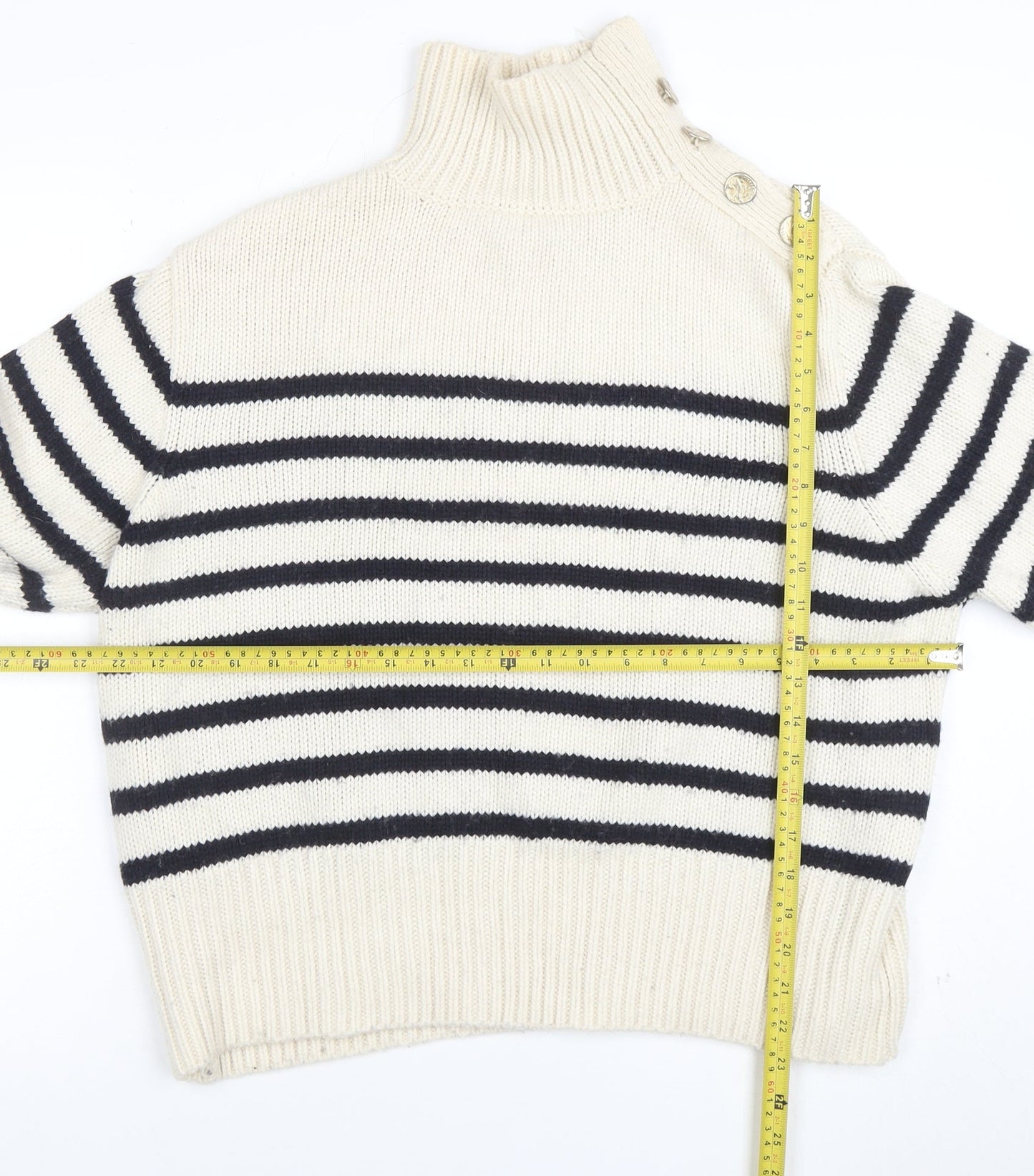 Zara Women Ivory Navy Striped High Neck Wool Knit Jumper Size 10