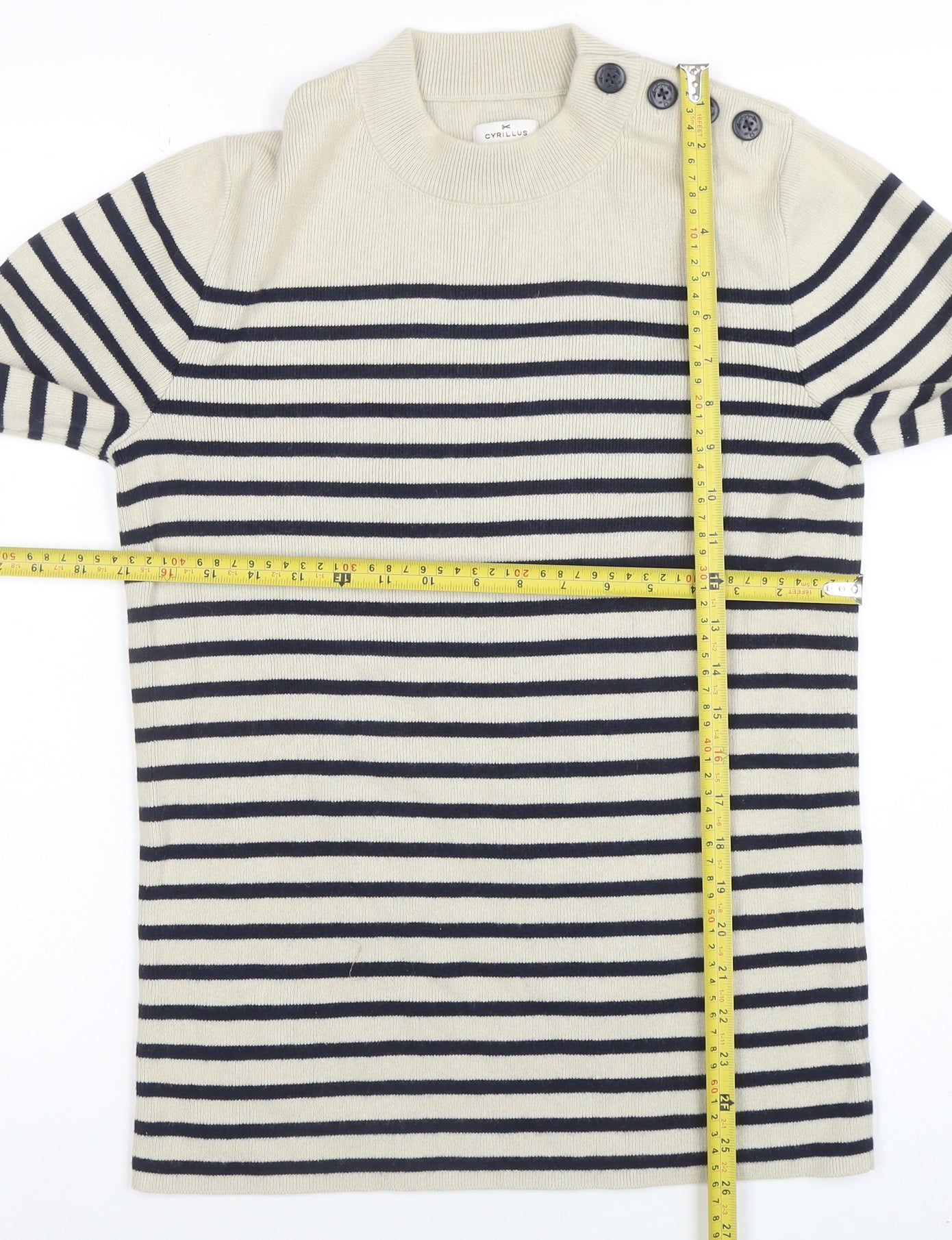 Cyrillus Women Beige Striped Crew Neck Button Shoulder Jumper Size S