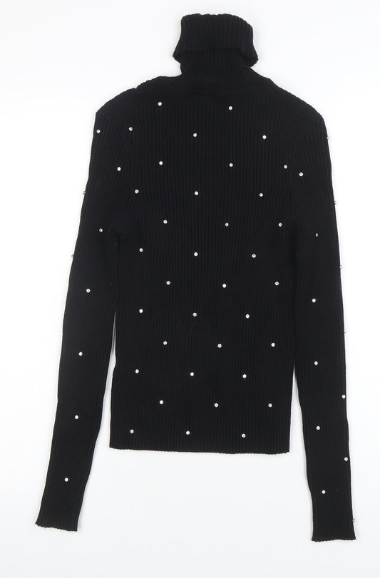 ZARA Women Black Beaded Roll Neck Ribbed Knit Jumper Size M