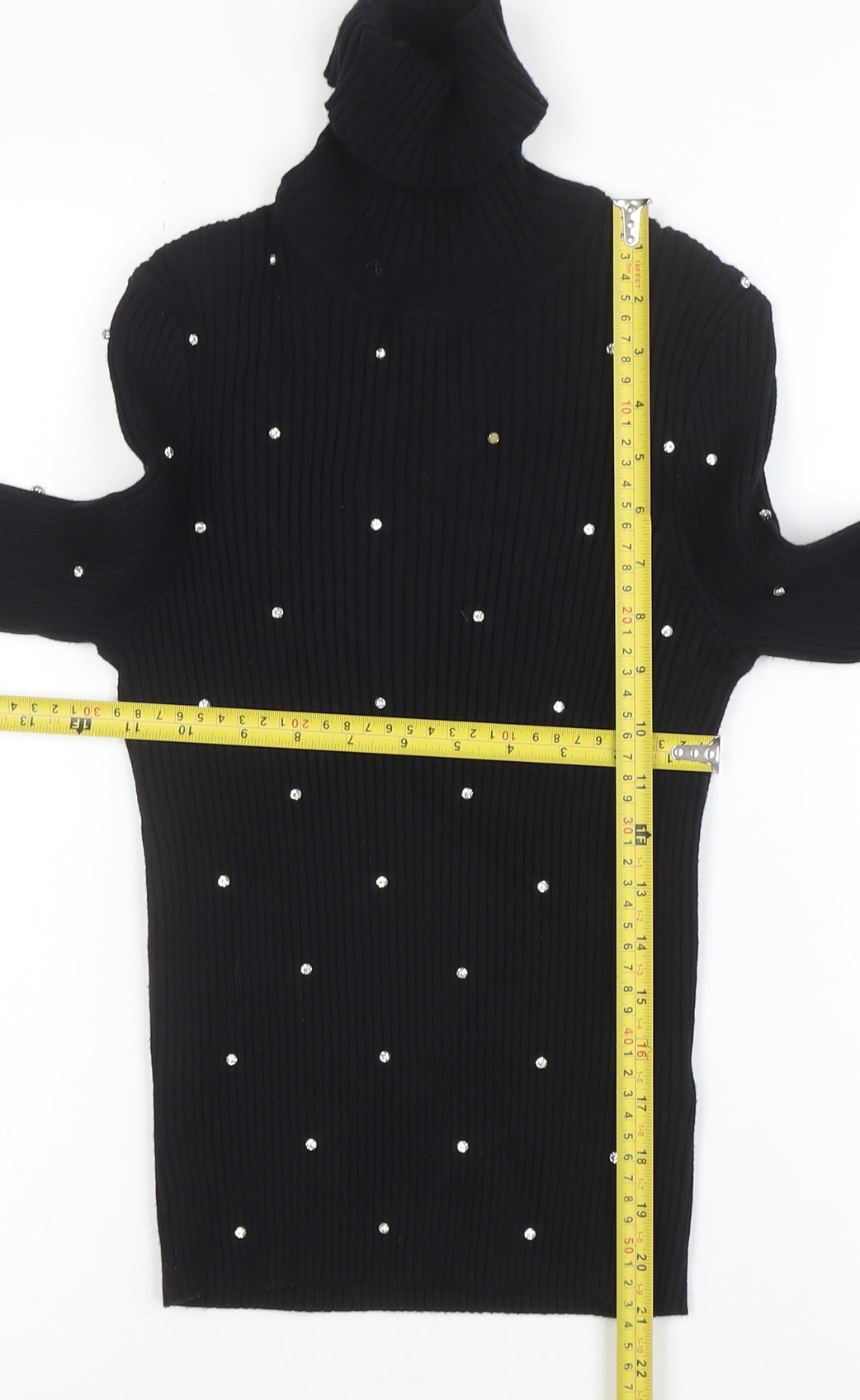ZARA Women Black Beaded Roll Neck Ribbed Knit Jumper Size M