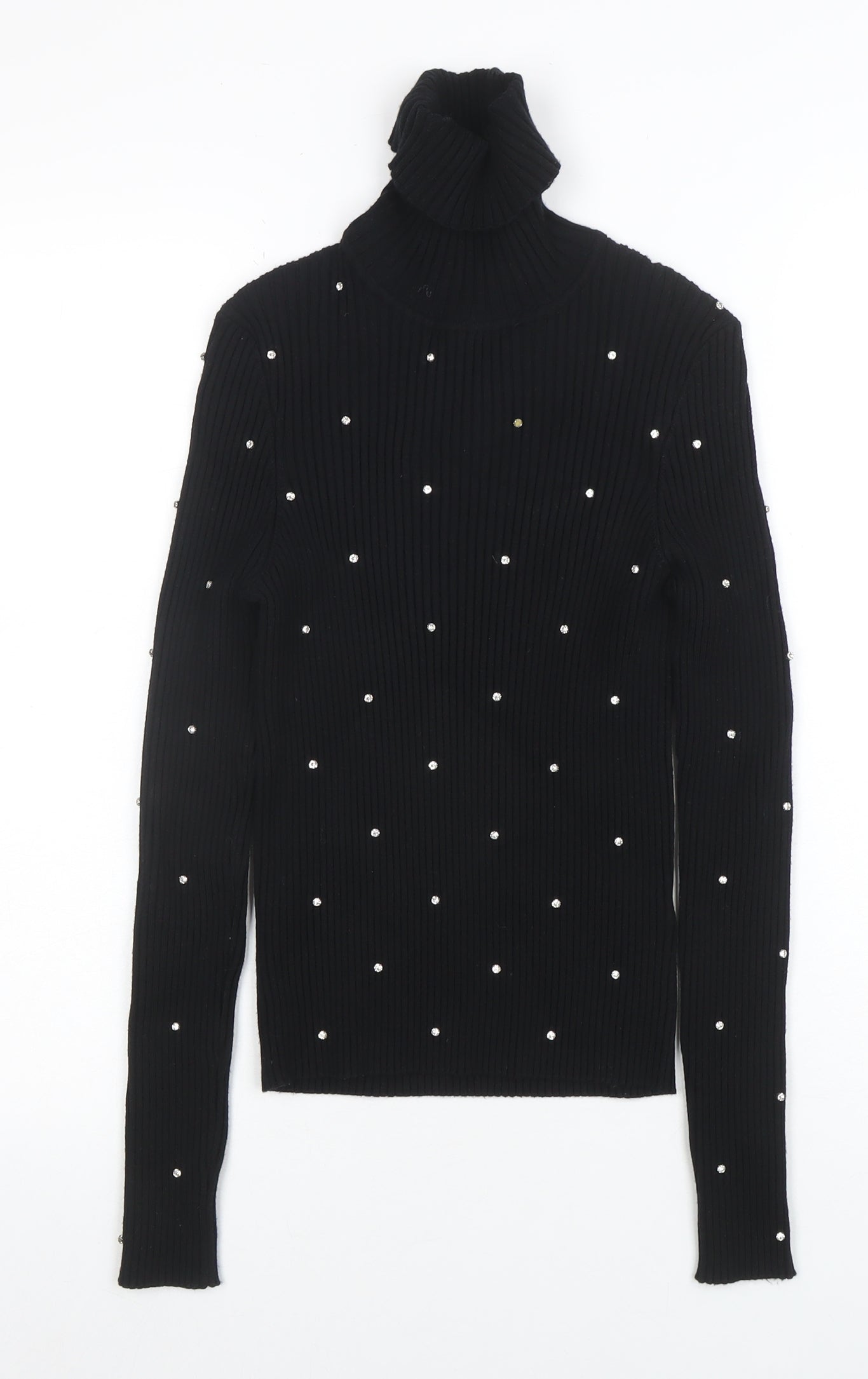 ZARA Women Black Beaded Roll Neck Ribbed Knit Jumper Size M