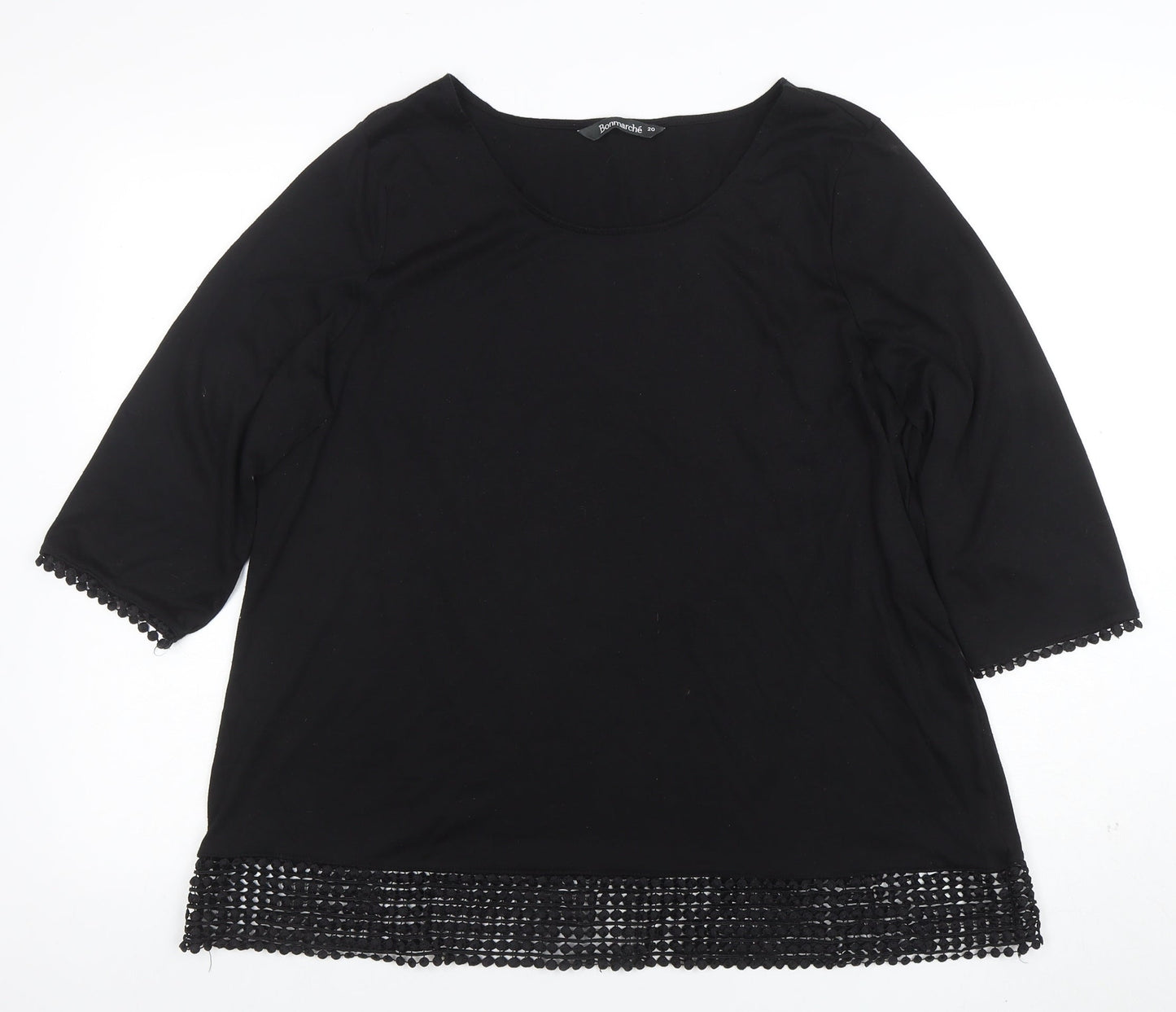 Bonmarché Women's Black 3/4 Sleeve Crochet Hem Blouse Size 20