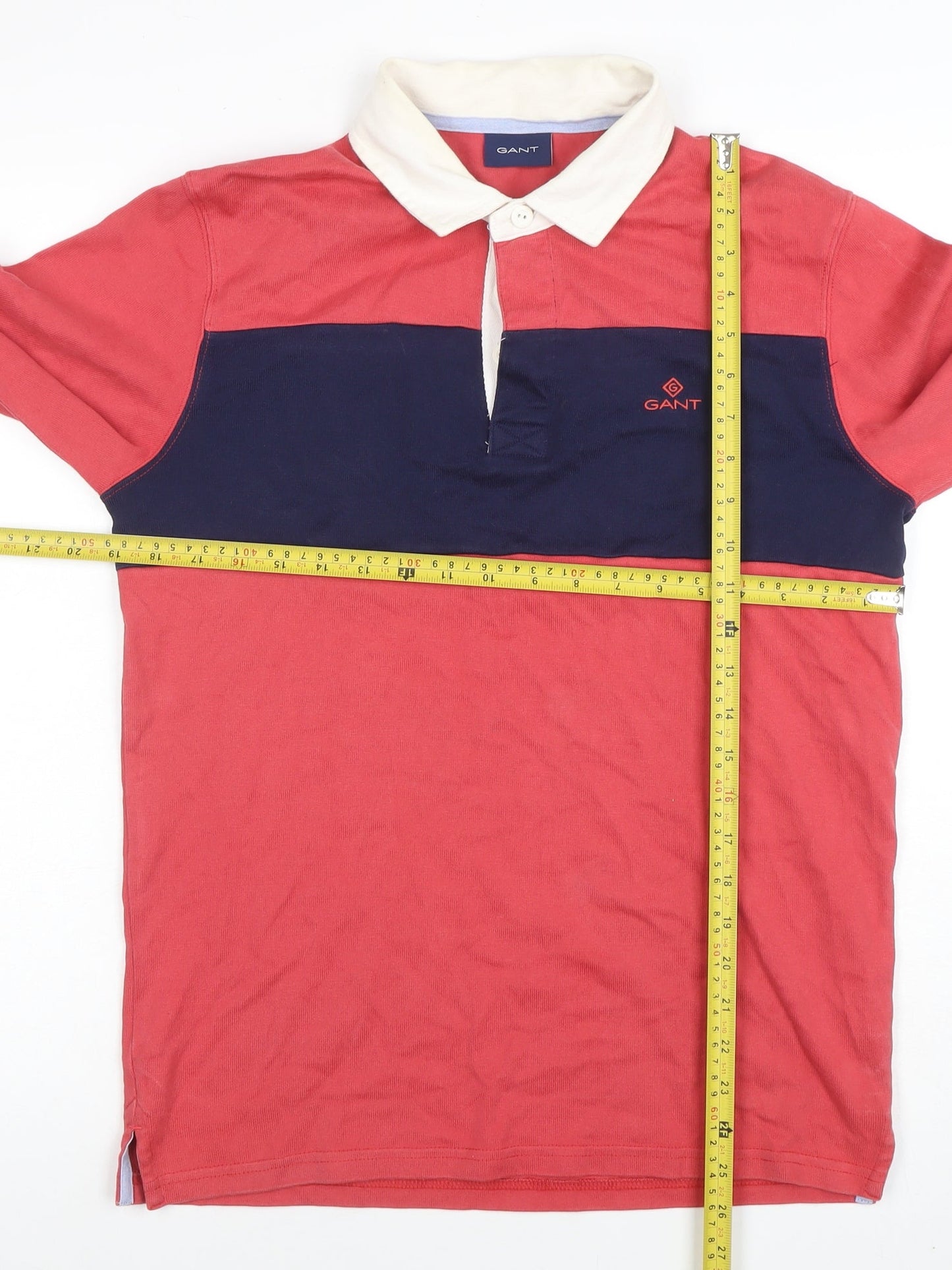 Gant Men's Red & Navy Long Sleeve Cotton Polo Shirt Size S