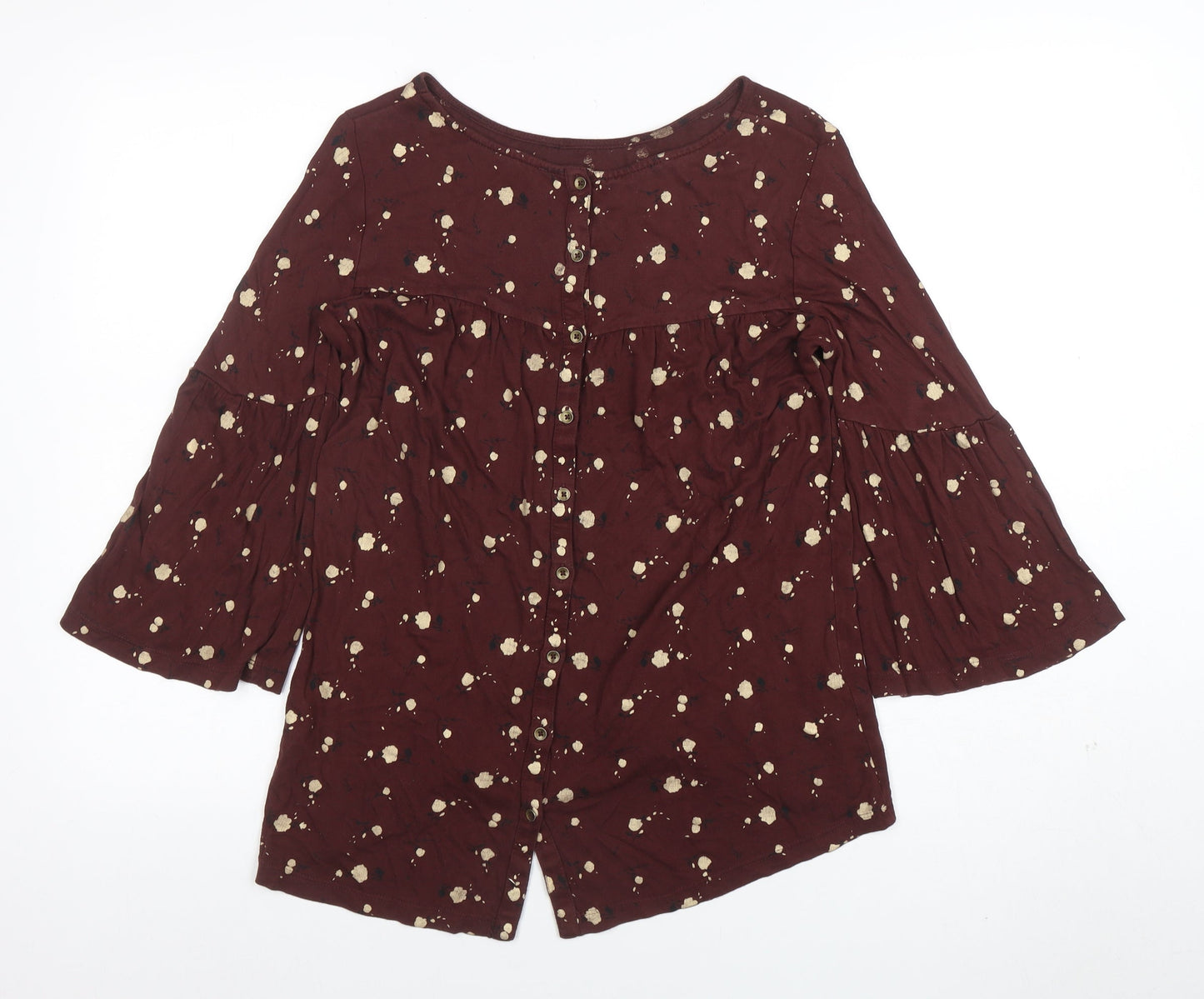 F&F Women’s Brown Floral Button Blouse UK 8 Tunic Style 3/4 Bell Sleeve