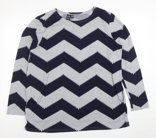 Izabel London Women's Blue Grey Chevron Knit Long Sleeve Top Size 10