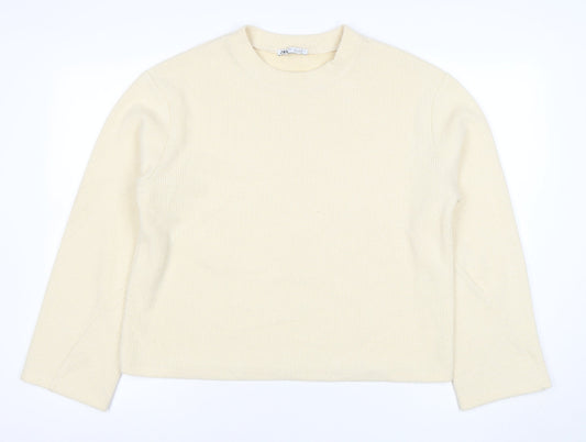 ZARA Womens Beige Ribbed Pullover Sweatshirt Size M Classic Fit