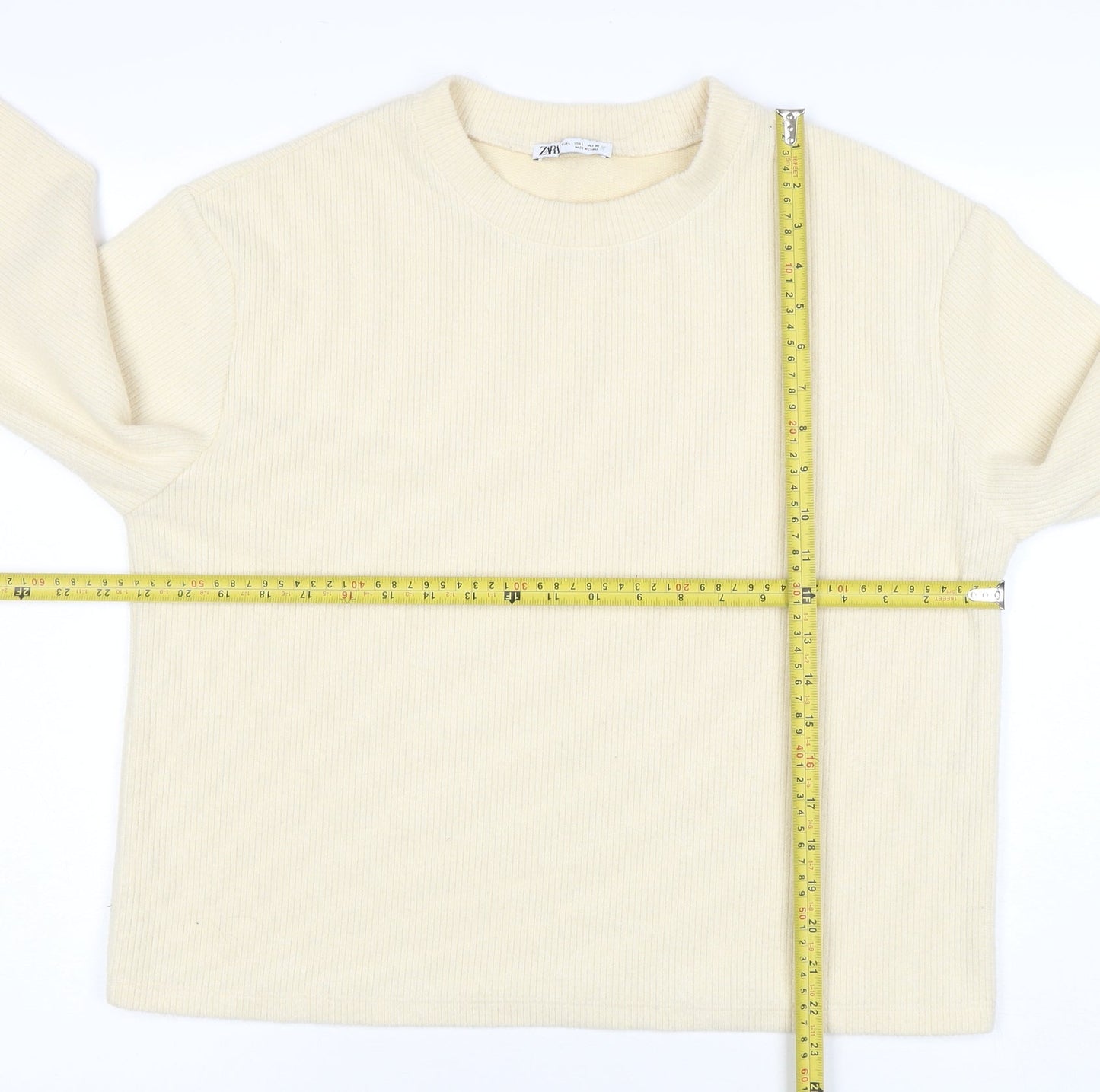 ZARA Womens Beige Ribbed Pullover Sweatshirt Size M Classic Fit