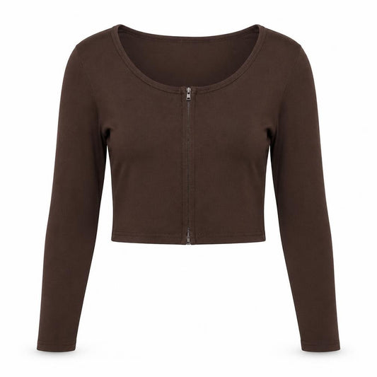 MISSPAP Women’s Brown Cropped Long Sleeve Zip Top Size L