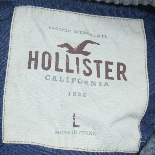 Hollister Men Grey Henley Hoodie L Fleece Logo Pullover Excellent