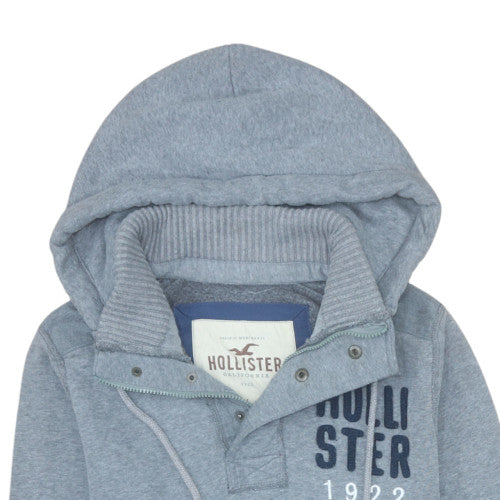 Hollister Men Grey Henley Hoodie L Fleece Logo Pullover Excellent