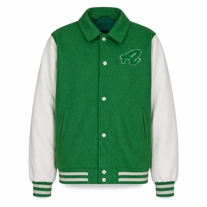 Front view of ASOS DESIGN Men's Green Varsity Jacket M Wool Blend Casual