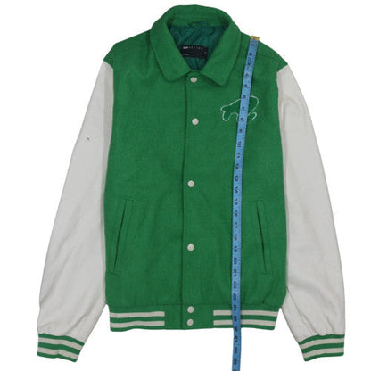Close-up detail of ASOS DESIGN Men's Green Varsity Jacket M Wool Blend Casual