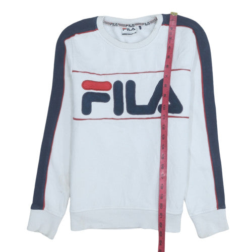 Fila Women White Sweatshirt UK 6 Crew Neck Cotton Blend Logo Sportswear