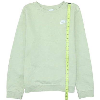 Close-up detail of Nike girls’ green crew neck pullover sweatshirt, size L, 147-158 cm