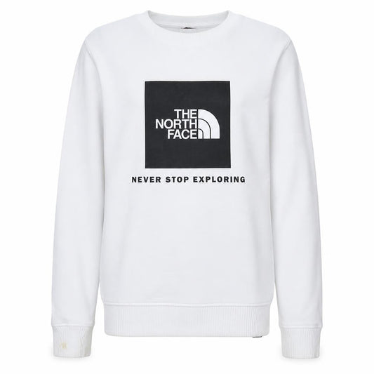 Front view of The North Face boys’ white xl pullover sweatshirt crew neck logo design