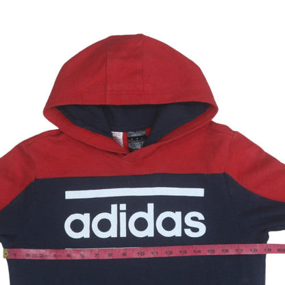 Close-up detail of Adidas boys’ red and blue pullover hoodie 15-16 years regular fit