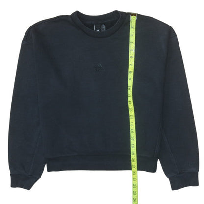 Back view of Adidas women’s black crew neck pullover sweatshirt, size M