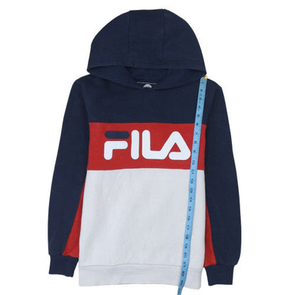 Close-up detail of Fila boys’ multicoloured pullover hoodie 13-15 years colourblock logo sweatshirt