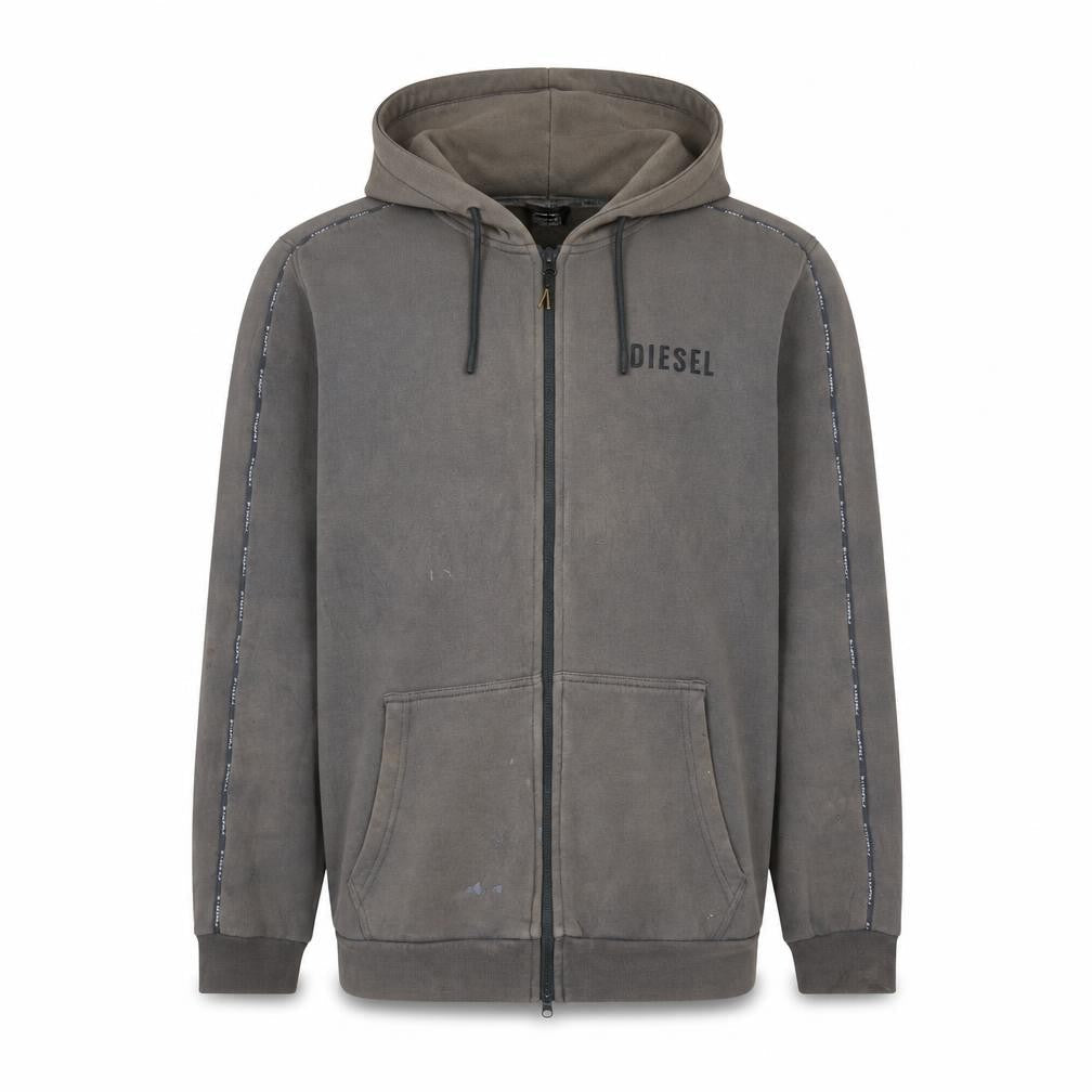 Diesel Men's Grey Full Zip Hoodie Size L Logo Cotton Blend