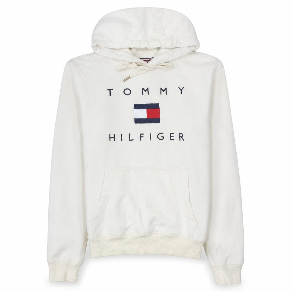 Tommy Hilfiger Women Ivory Hoodie Medium Cotton Pullover Logo