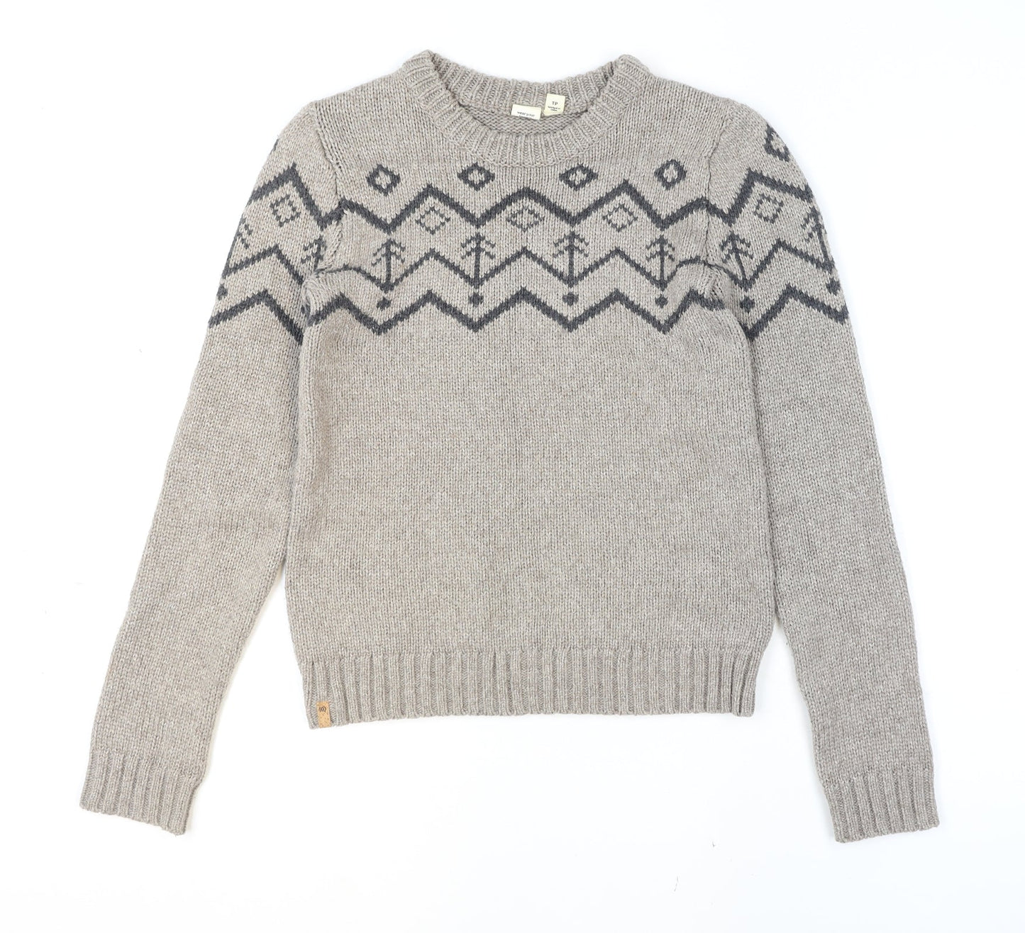 10 Mens Grey Fair Isle Wool Blend Crew Neck Pullover Jumper XS