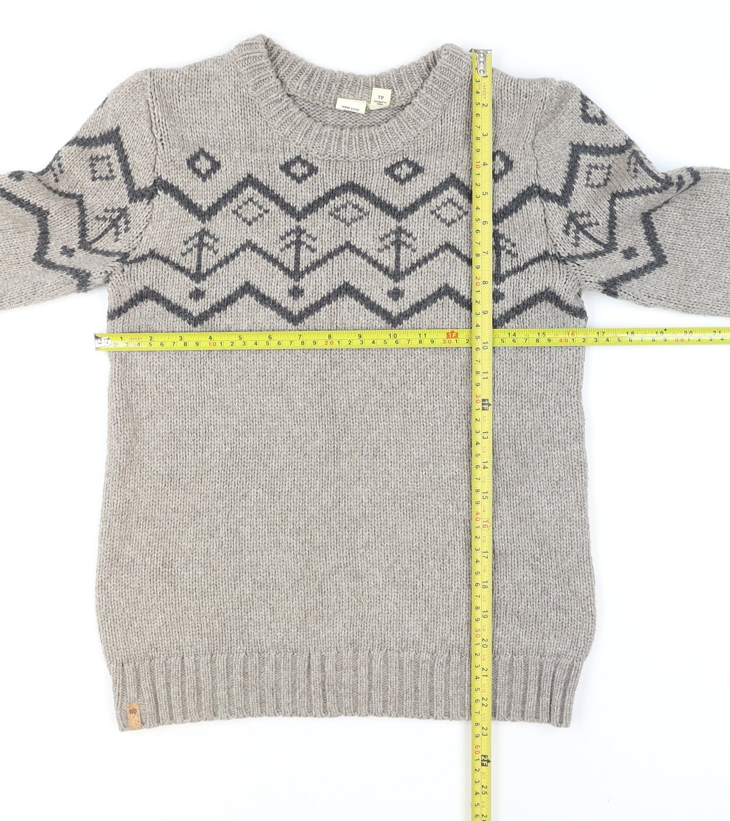 10 Mens Grey Fair Isle Wool Blend Crew Neck Pullover Jumper XS