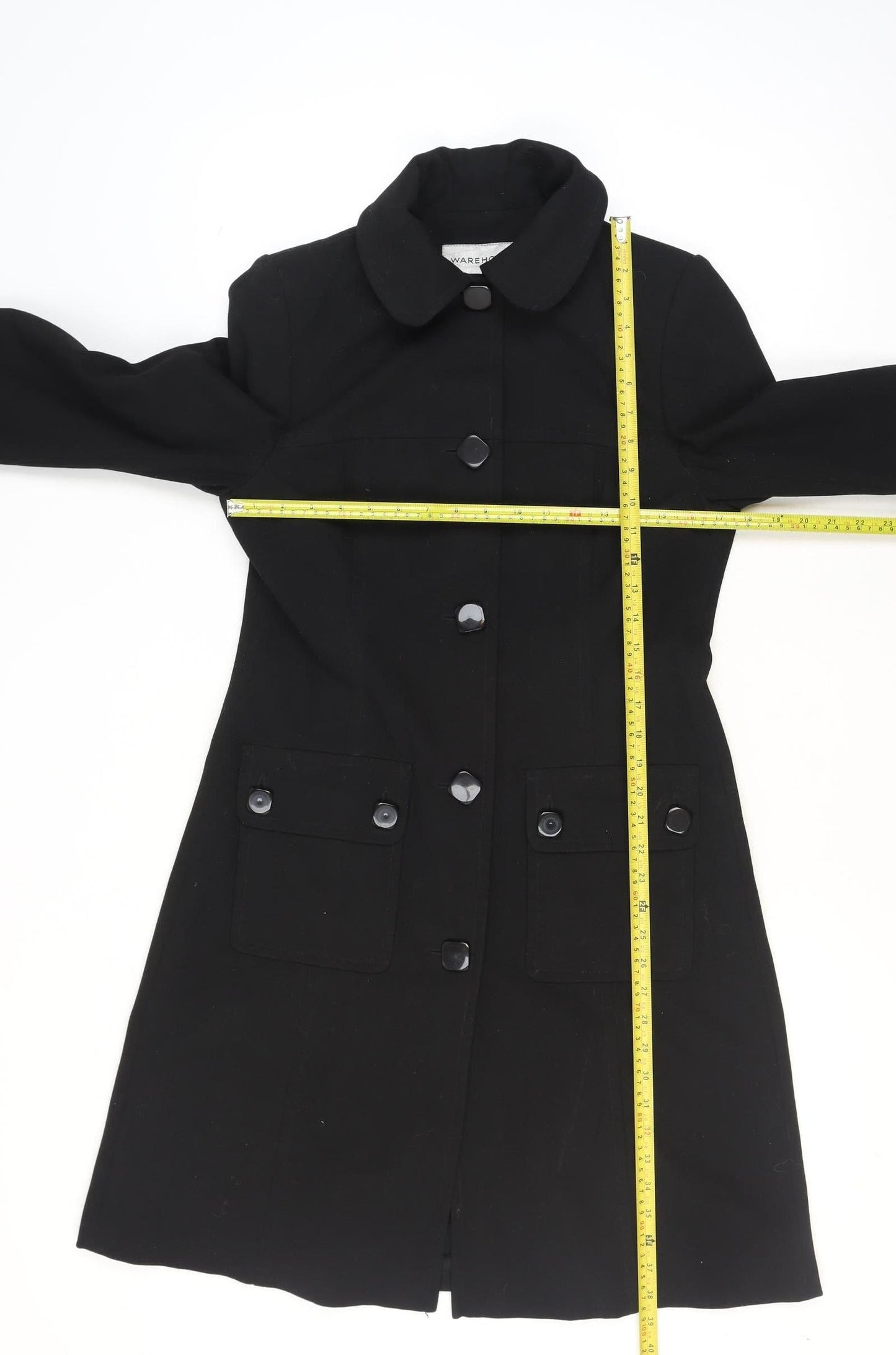 Warehouse Women’s Black Long Button Up Overcoat Size 12