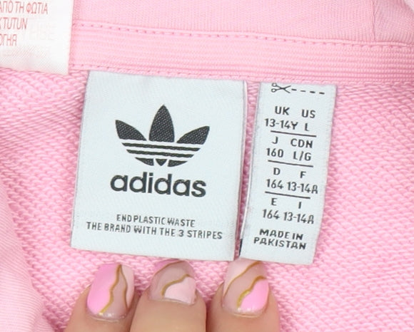 adidas Girls Pink Hooded Pullover Hoodie 13-14 Years Logo Lightweight