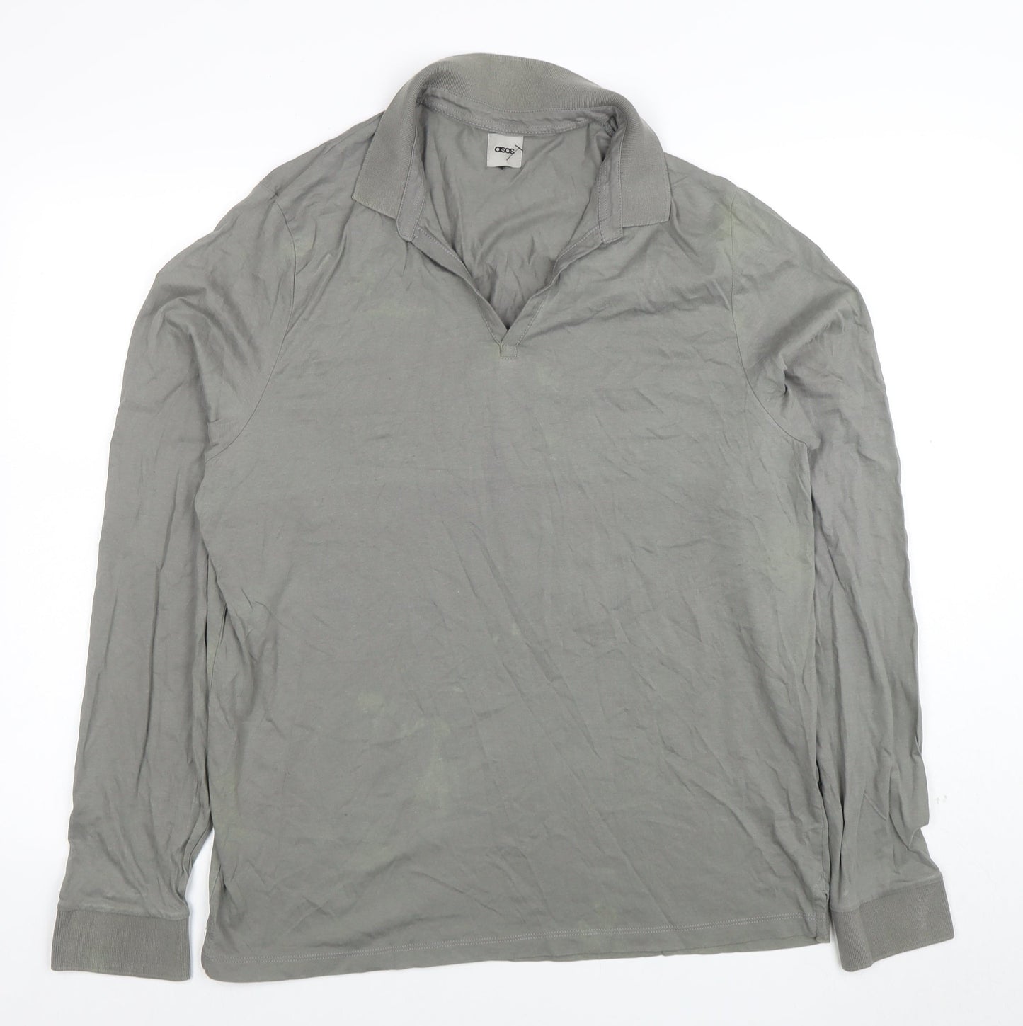 ASOS Men's Grey Long Sleeve Cotton Polo Shirt 2XL Regular Fit