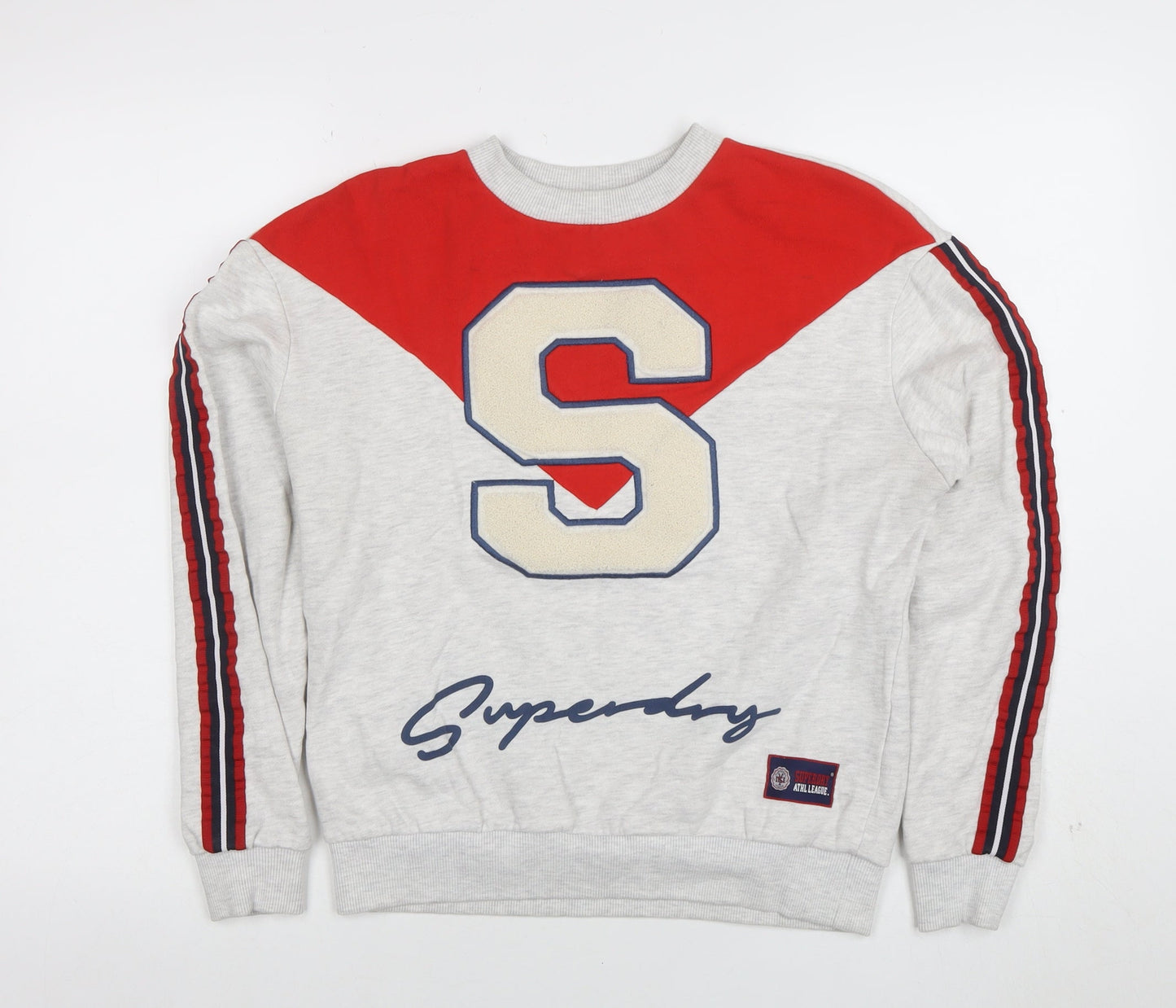 Superdry Womens Grey Red Crew Neck Sweatshirt Size S Varsity Style
