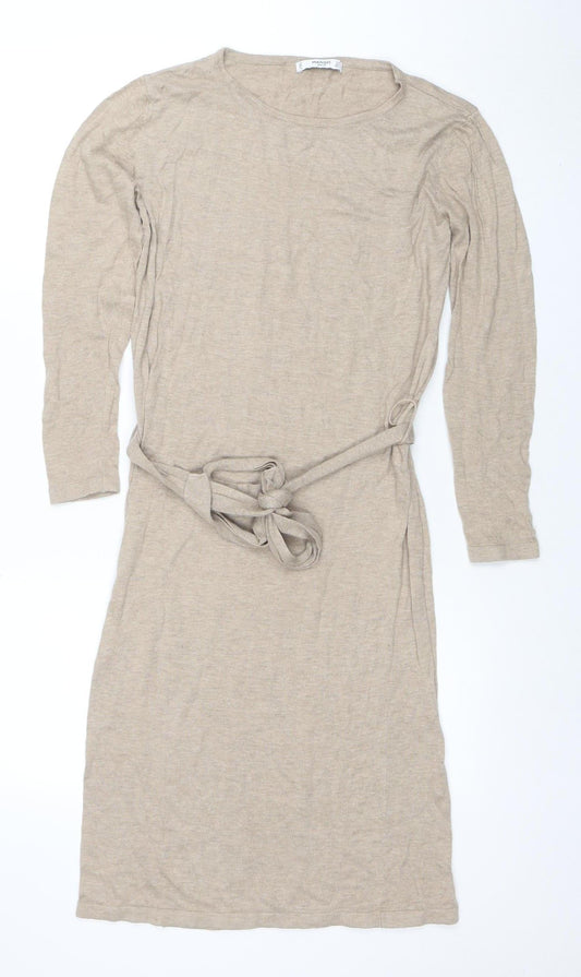Mango Women Beige Jersey Wrap Belted Long Sleeve Dress XS