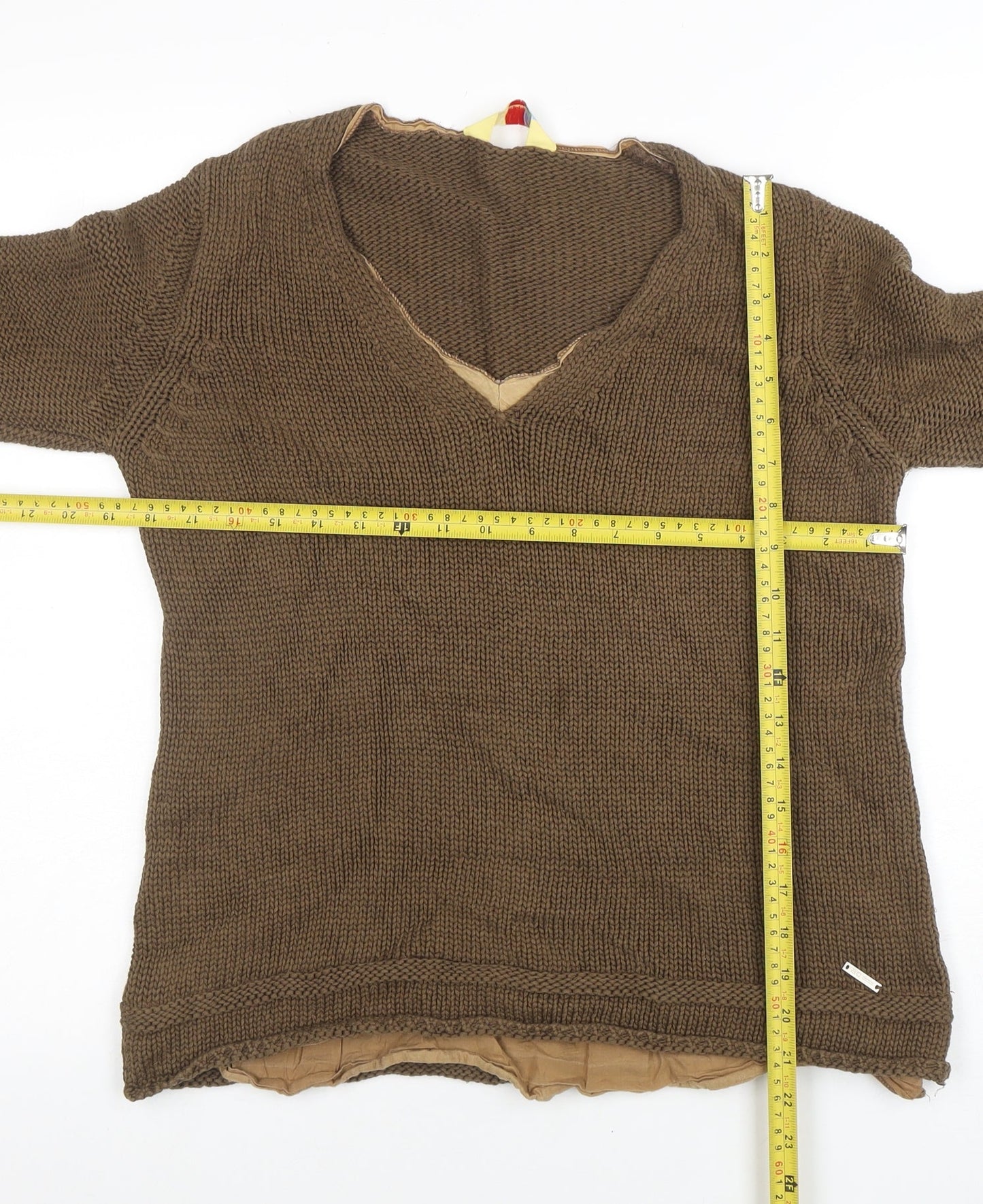 Oltre Colline Women's Brown V-Neck Cotton Knit Jumper Size 14