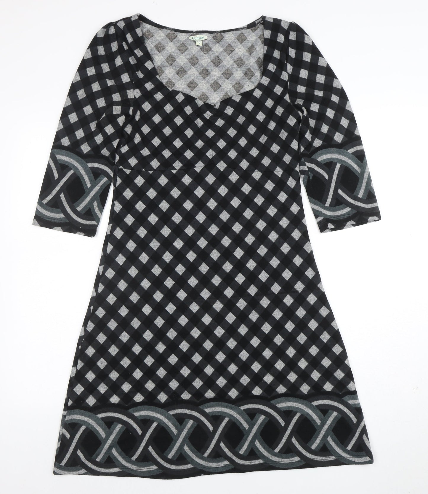 Culture Women Black Check A-Line 3/4 Sleeve Jersey Dress Size 10